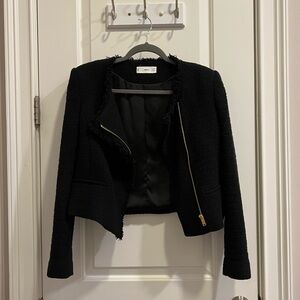 Mango Black Cropped Tweed Blazer with Gold Zip